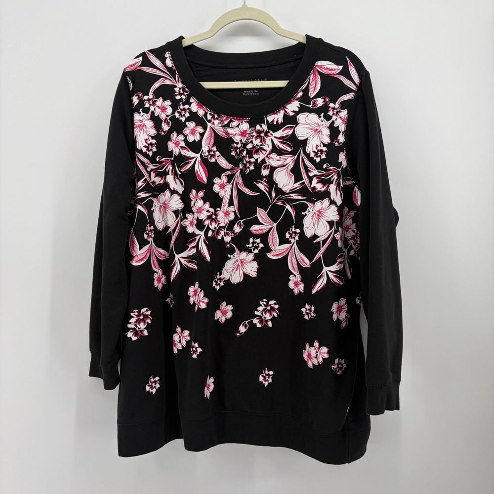 Woman Within Womens 1X Black Floral Pullover Crew Neck Sweatshirt Graphic Print